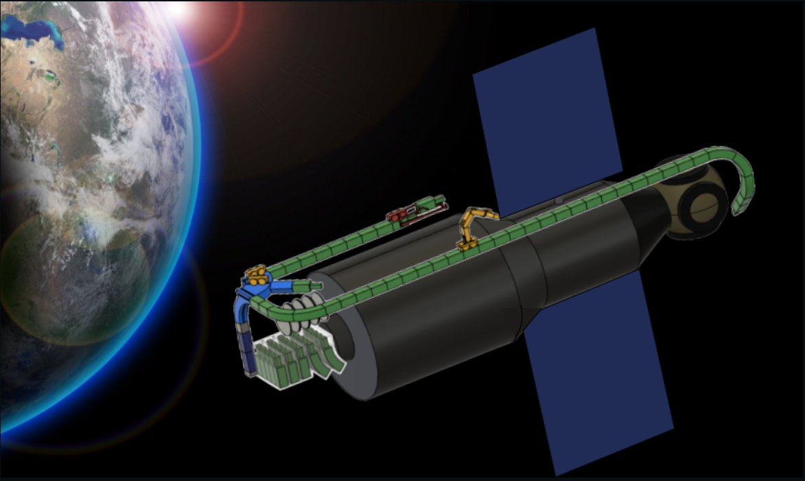 Full system render — rail deployed on host satellite in orbit